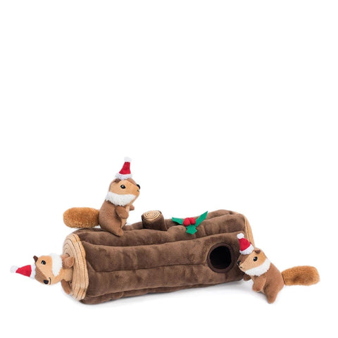 ZippyPaws Holiday Burrow - Yule Log with Chipmunks - Puppy Village.nl